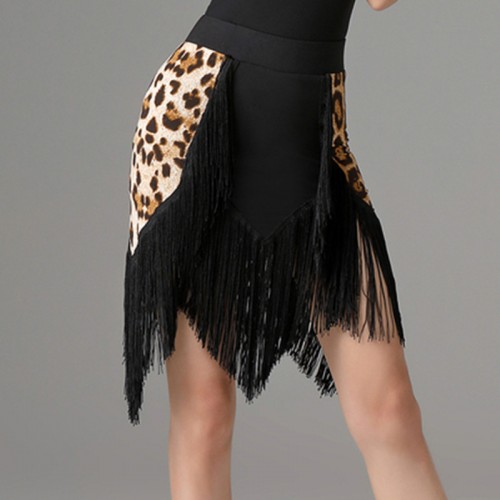 Women brown blue leopard printed Latin dance skirt Female adult practice leopard print salsa chacha rumba dance fringed skirt
